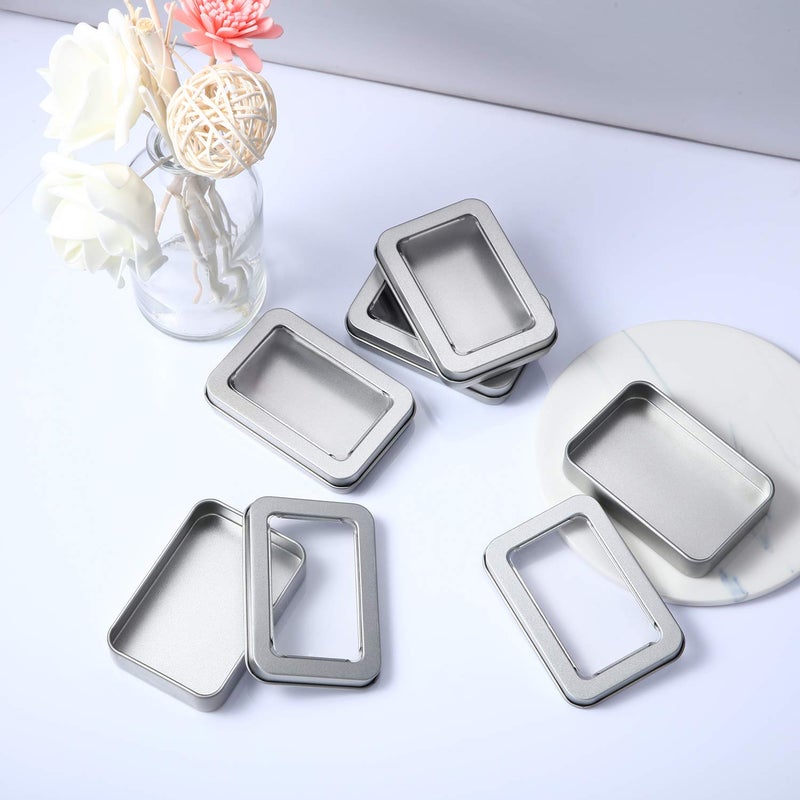 TecUnite 24 Pieces Tin Box Metal Tins with Lids Clear Top Empty Mini Portable Small Storage Tins Case for Home Candles, Candies, Gifts, Balms and Treasures, 3.4x2.4x0.8 Inch, Silver - Image 2